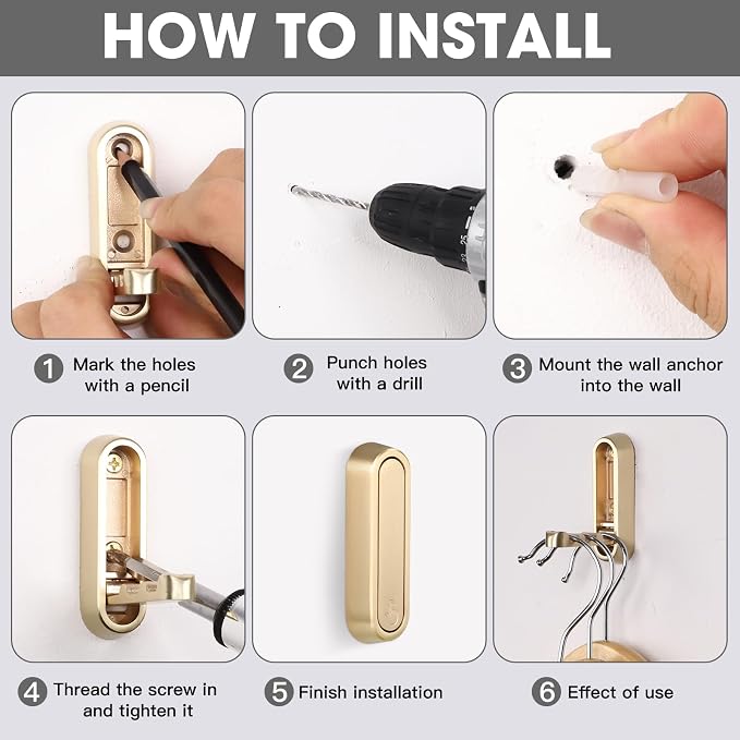 Dntorx Folding Coat Hooks, 6 Pcs Foldable Gold Wall Hooks Heavy Duty Foldable Hook Bathroom Towel Hooks Robe Hooks Wall Mounted for Hanging Coat Towels Clothes Hat Bags Keys