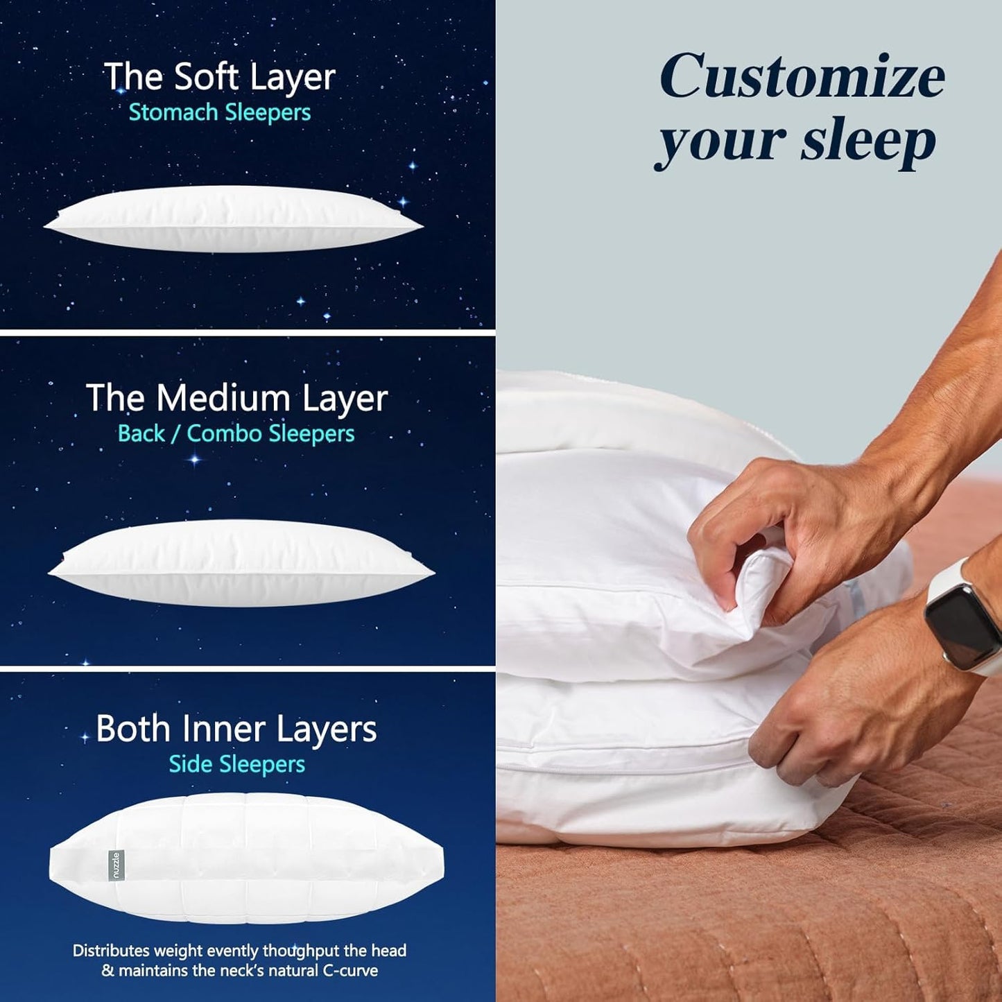 Regine Switzerland Queen Size Cooling Pillows Set of 2 - Adjustable Soft Firm Luxury for All Sleep Positions