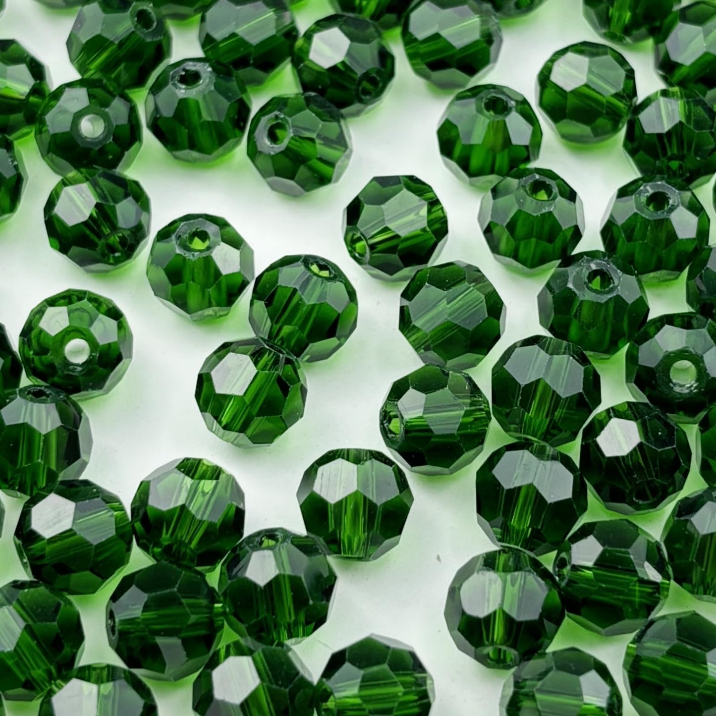 YUEXIGO 60pcs 10mm Round Crystal Glass Beads for Jewelry Making, Faceted Crystal Glass Spacer Beads for Bracelet Earring Necklace DIY Craft(Dark Grass Green)