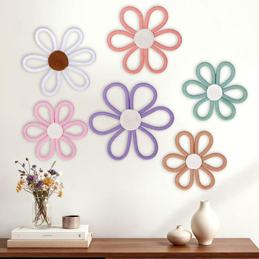 Oqqlin 6 Pcs Boho Nursery Decor, Colorful Woven Flowers Daisy Wall Art 3 Sizes Cotton Rope Macrame Floral Wall Hanging for Nursery, Bedroom, Bohemian Decorations (6 Colors)