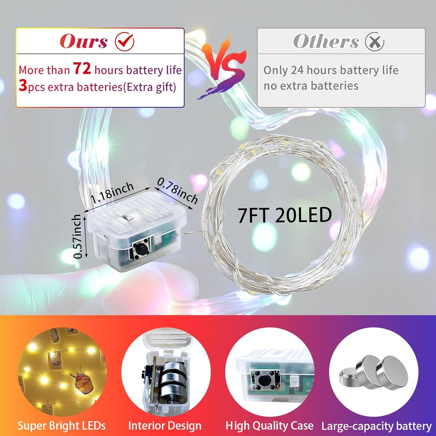 Skiennix 50 Pack Fairy Lights - 7Ft 20 LED Twinkle String Lights | Battery Operated & Waterproof for Parties, Weddings, and Decor - Rainbow Pastel
