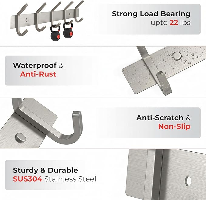 Coat Rack Wall Mount – Brushed Nickel 15 Inch Stainless Steel Hook Rail with 5 Heavy Duty Double Coat Hooks – Wall Mounted Coat Hanger for Entryway, Bathroom, Bedroom, Towel, Hat Organizer - 2 Pack