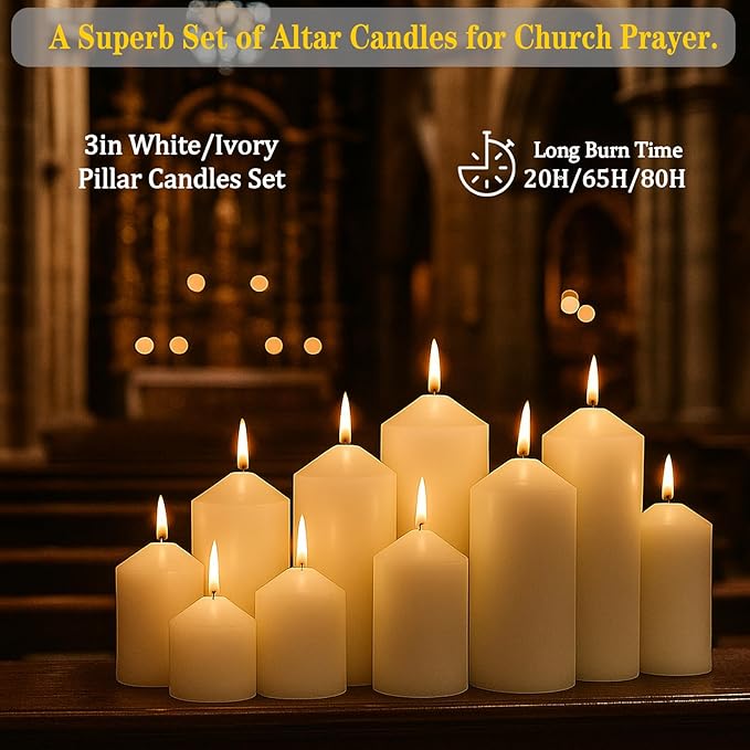 Ivory Pillar Candles Bulk Set of 12ï¼? Different Lengths 3 x 3/6/8 Inch (4 Each)，Hurricane Candles，Dripless Unscented Smokeless，Gives You a Better Atmosphere When Organizing an Event Party.