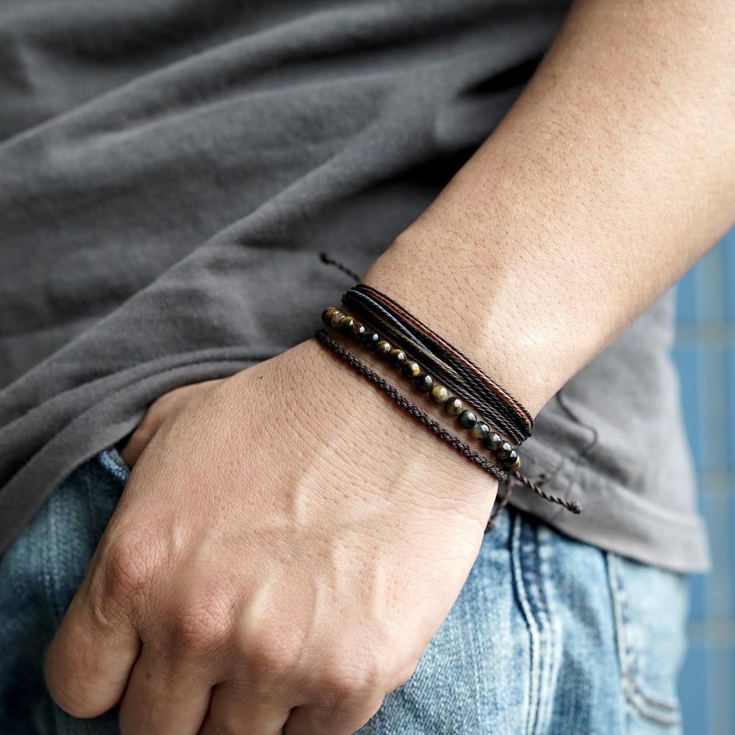 Mezcla Vida Handmade Natural Stone Beaded Healing Bracelet Gift for Men Adjustable Rope String Bracelet (Tiger Eye（Dark）, Adjustable)