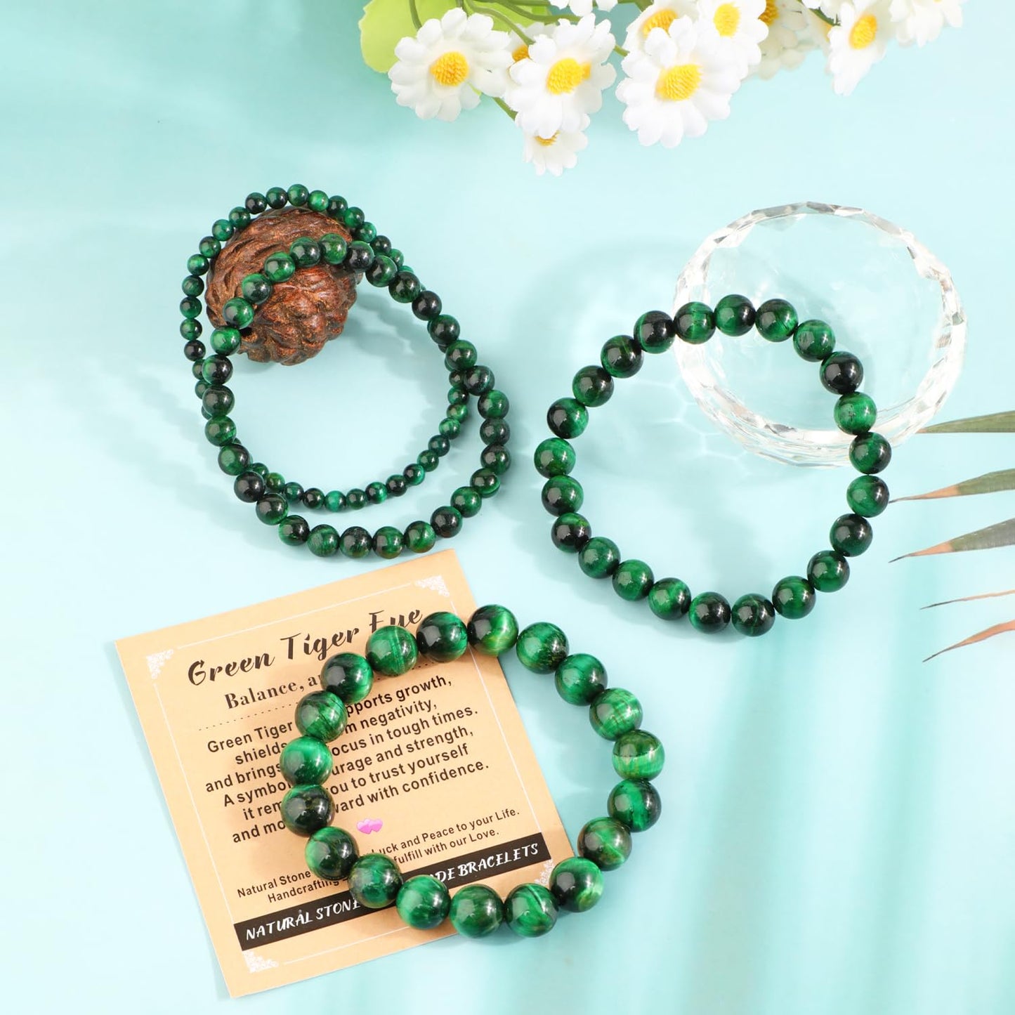 AD Beads 6mm Handmade Green Tiger Eye Elastic Bracelet – Natural Gemstone for Balance, and Clarity – Meditation, Yoga, Healing and Energy Gift for Men Women