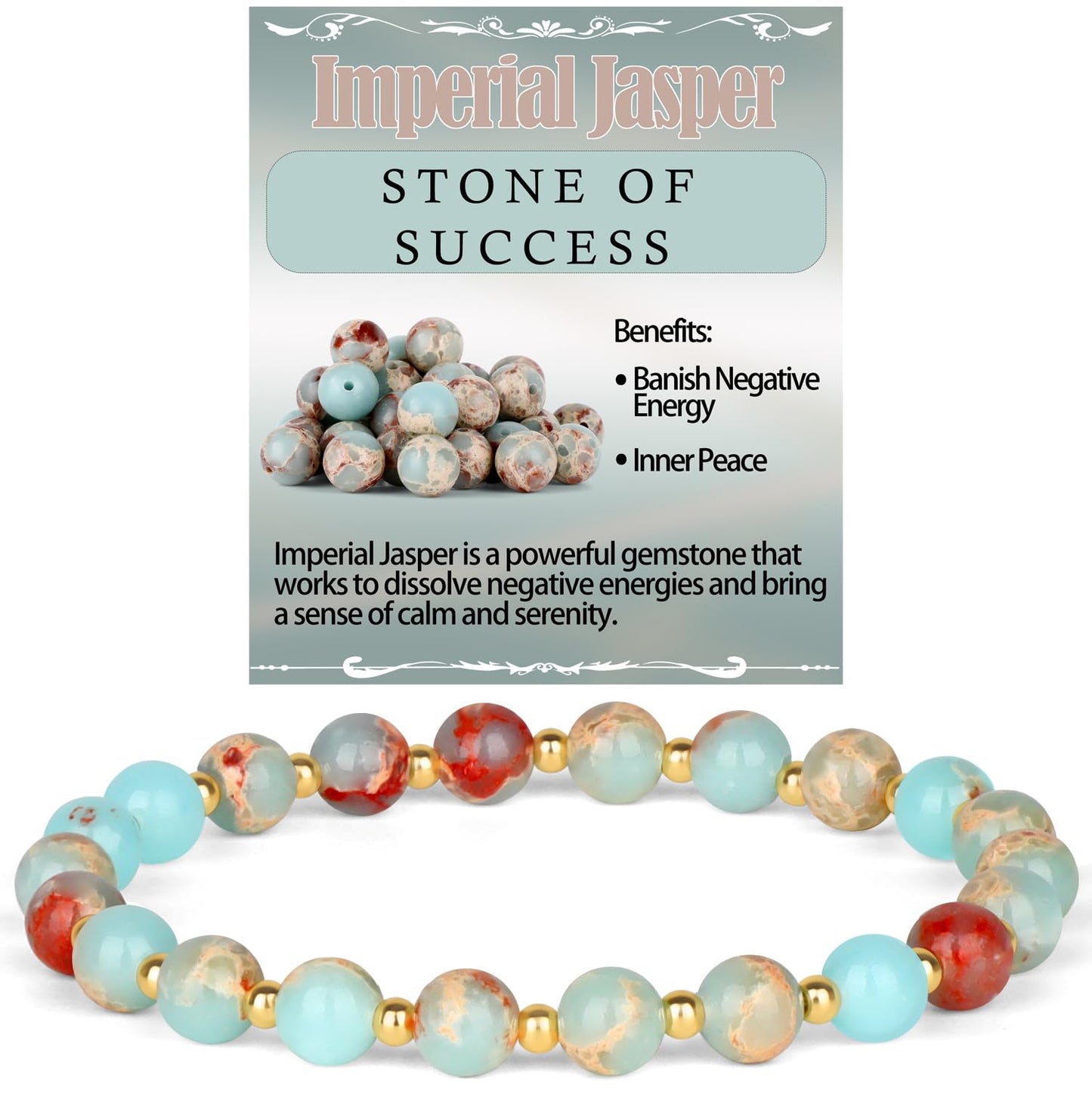 QOGIR Imperial Jasper - Stone of Success - Stainless Silver Beads Natural Gemstone Stretch Elastic Dainty Healing Beaded Bracelets Gifts 6mm