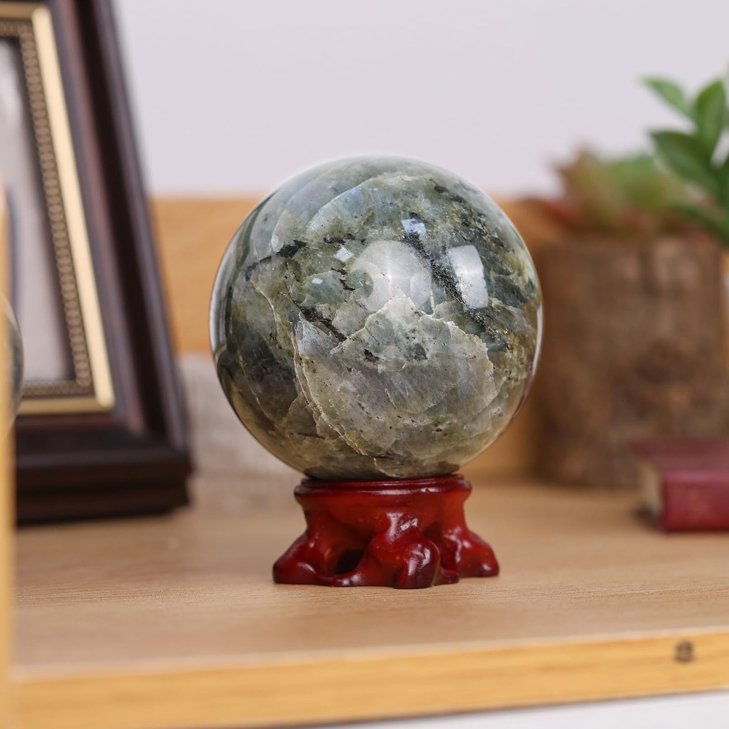 Nupuyai Natural Moonstone Crystal Ball with Resin Stand, Healing Crystal Sphere for Home Decor 2.4"-2.76"(61mm-70mm)