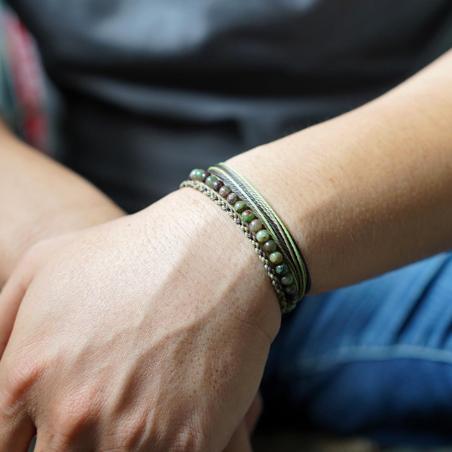 Handmade Natural Stone Beaded Healing Bracelet Gift for Men Adjustable Rope String Bracelet (Green/Coffee Jasper, Adjustable)
