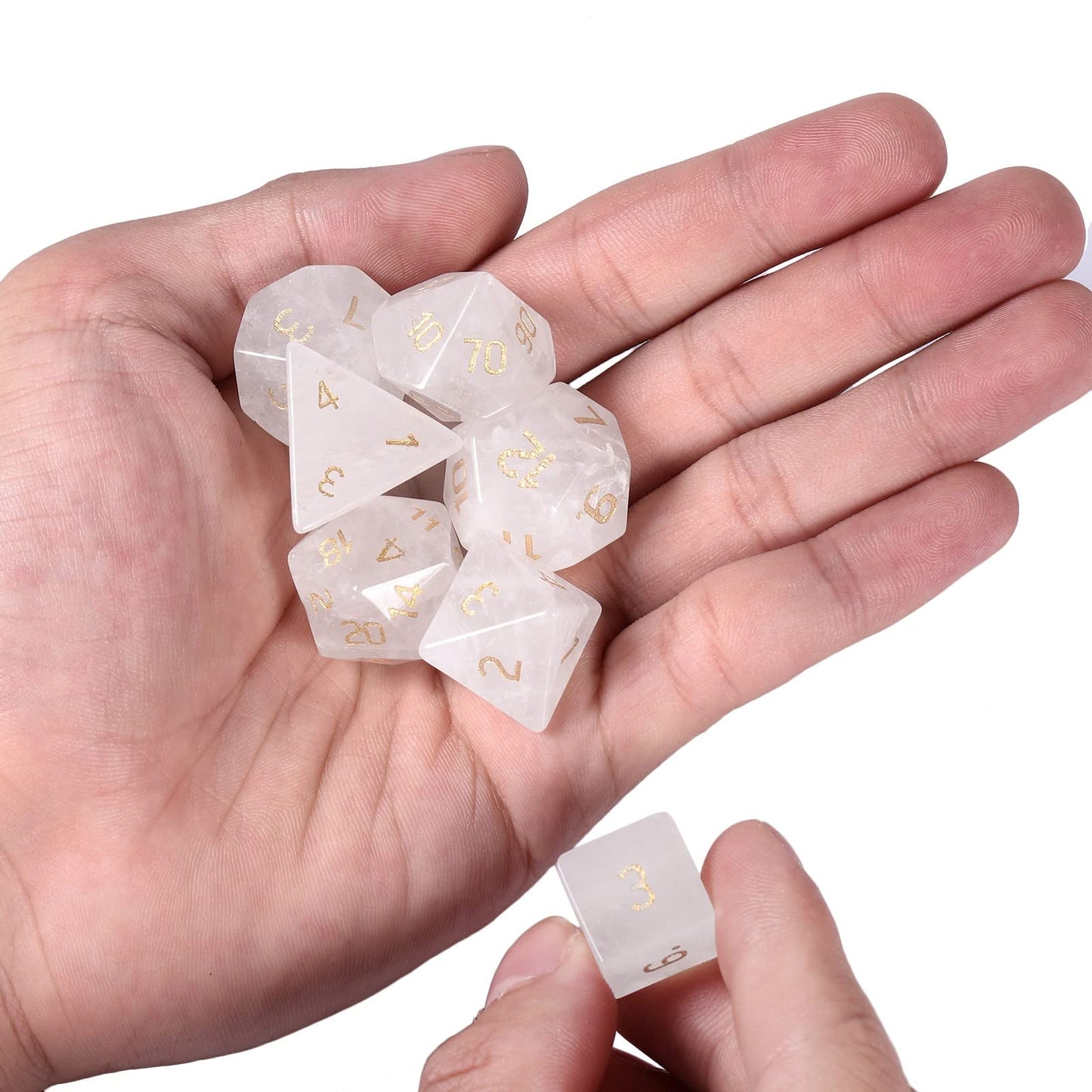 mookaitedecor 7 PCS Rock Quartz Crystal Polyhedral DND Dice Set, Polished Tumbled Stones Dices for RPG MTG Table Games Home Decoration