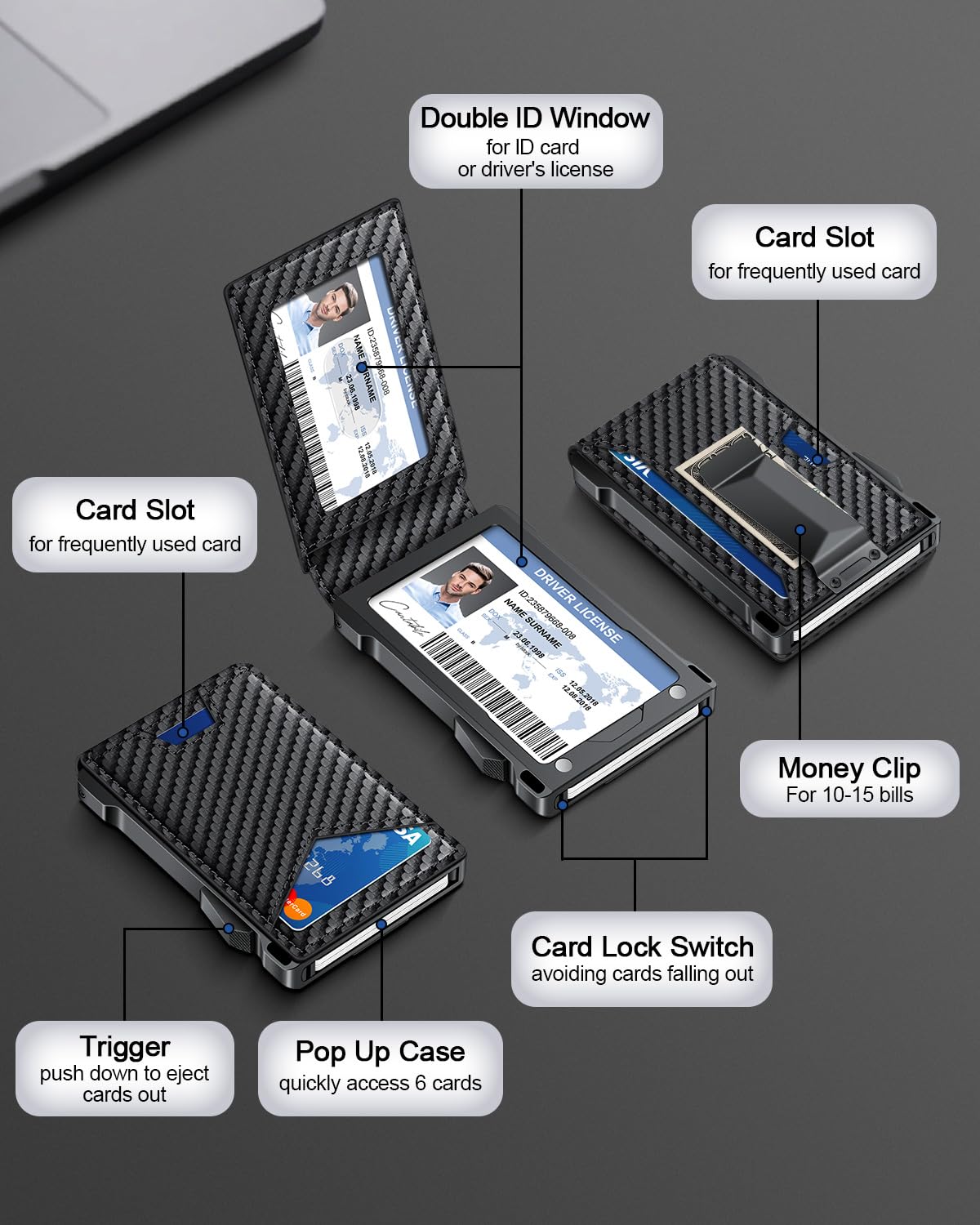 Wallet for Men RFID Wallet with 2 ID Windows & Money Clip, Slim Pop Up Card Holder for 10-12 Cards, Bifold Minimalist Smart Wallet for Front Pocket, Compact Metal Credit Card Holder, Gifts for Men