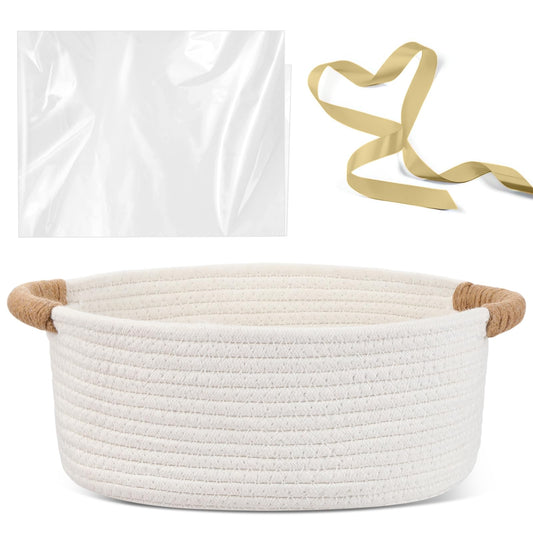 Colingmill Graduation Woven Gift Basket with Gift Bags and Ribbons 12"x8"x5" Empty Cotton Rope Storage Basket for Birthdays Wedding DIY Present(White)