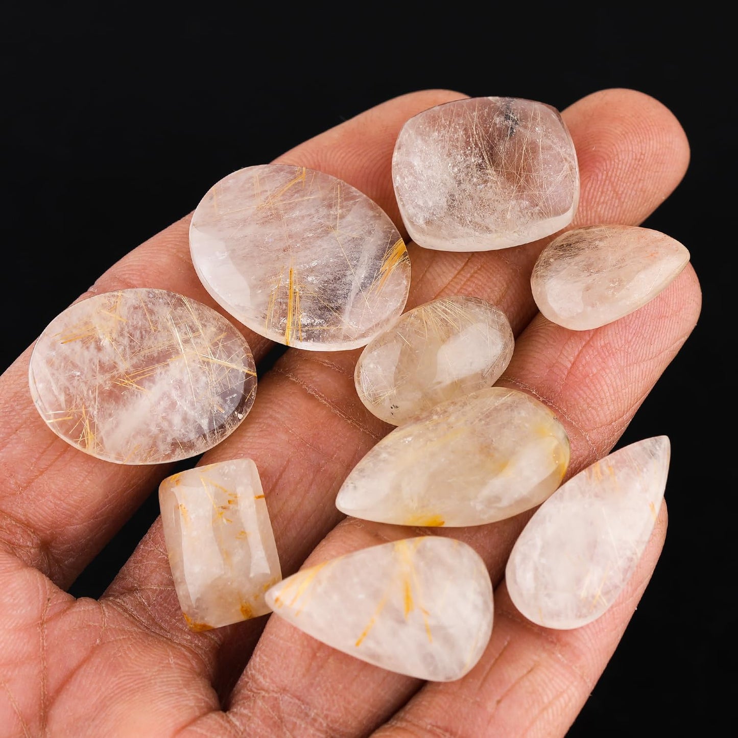GemSymphony Natural Golden Rutile Gemstone Cabochon Pack of 3 Mixed Shapes – Polished Crystal Stones for Jewelry Making Supply, Healing, Reiki & DIY Crafts, Natural Gem Cab Set for Wire Wrapping (15-20 mm)