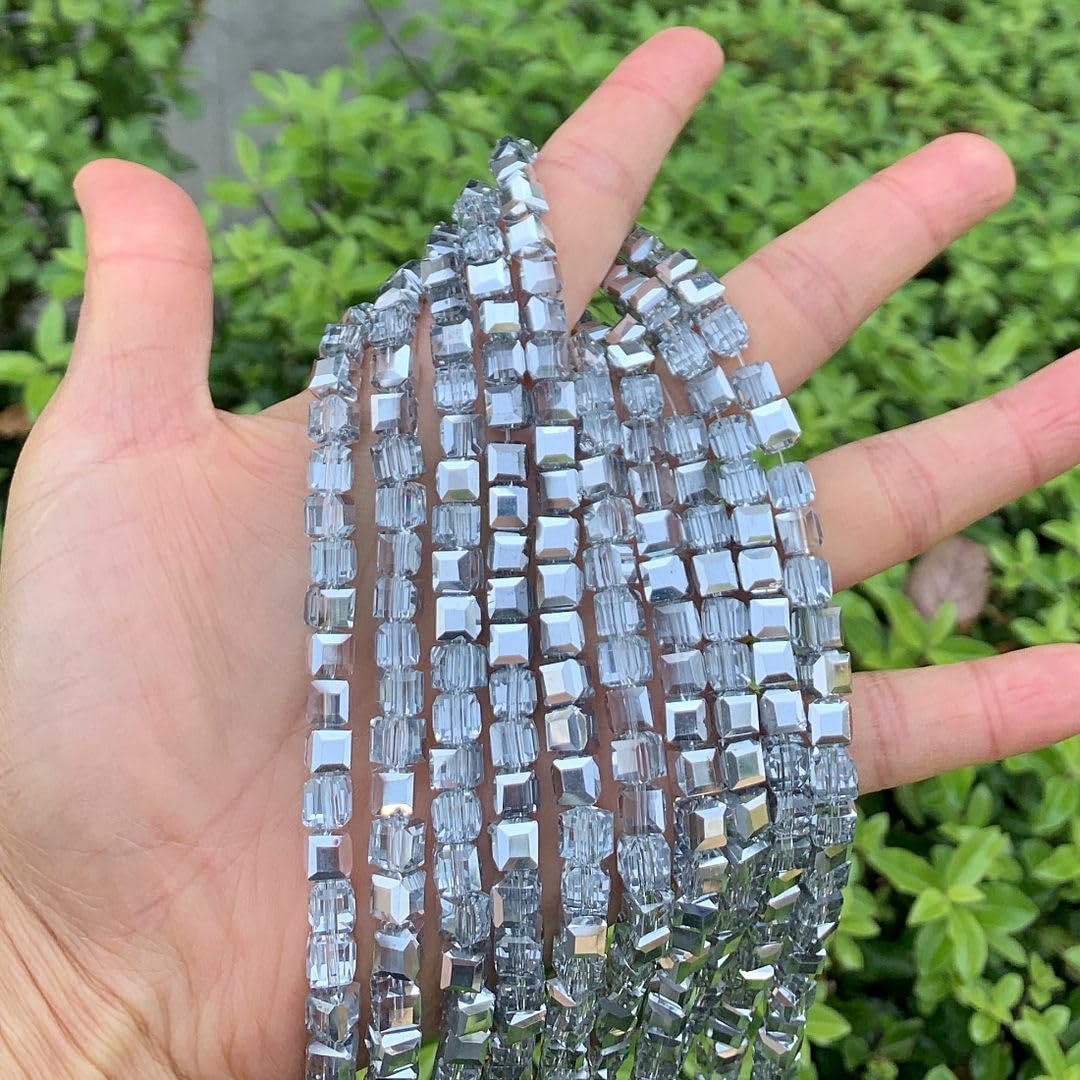 200pcs Czech Faceted Cube Crystal Glass Loose Beads Spacer Bulk 6mm (0.24 Inch) Silver Shade for DIY Jewelry Craft Making CCC632