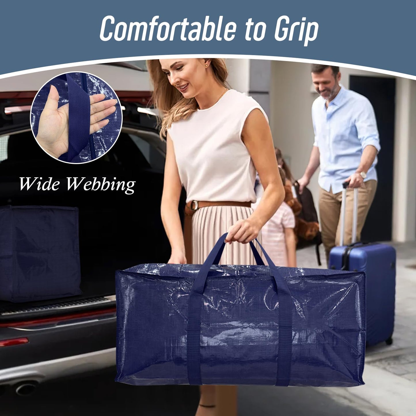 6 Pack Extra Heavy Duty Large Moving Bags with Strong Zipper & Comfortable Handles, Sturdy & Durable Clothes Storage Bags Totes Bins, Blue Packing Moving Boxes for College Supplies, Dark Blue