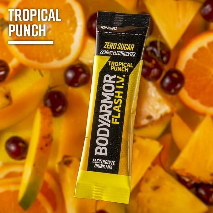 BODYARMOR Flash IV Electrolyte Packets, Tropical Punch - Zero Sugar Drink Mix, Single Serve Packs, Coconut Water Powder (6 Count)