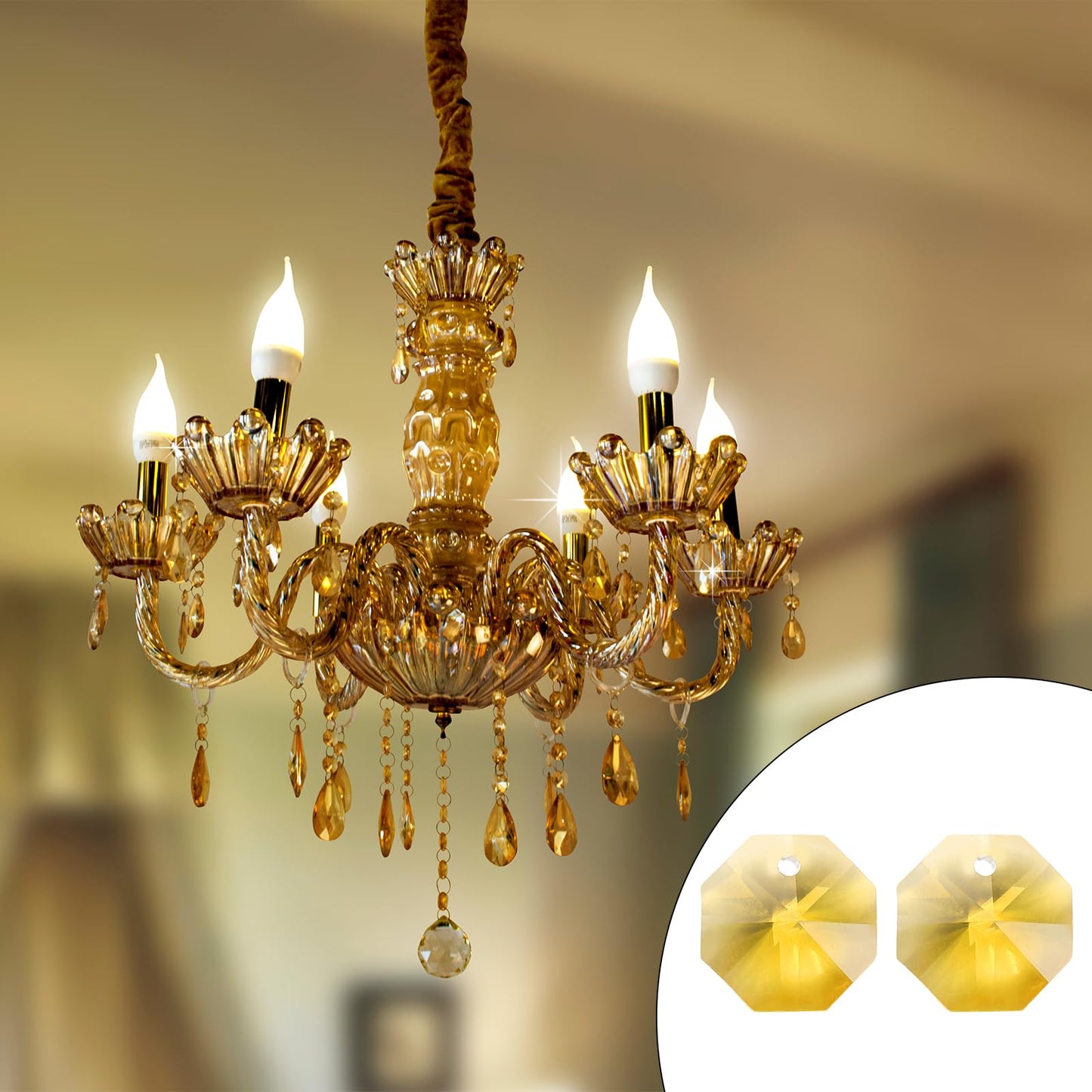 uxcell 25Pcs 1 Hole Crystal Octagon Beads, 14mm K9 Glass Hanging Chandelier Beads Prisms Parts for Crystal Chandeliers Lamp Hanging Pendant Jewelry DIY Craft, Yellow