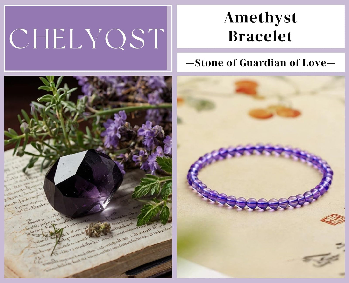 CHELYQST Amethyst Bracelet - Stone of Guardian of Love,Stretch Natural Stone Crystal Beads Jewelry Gifts for Women Men Unisex Adult,4mm
