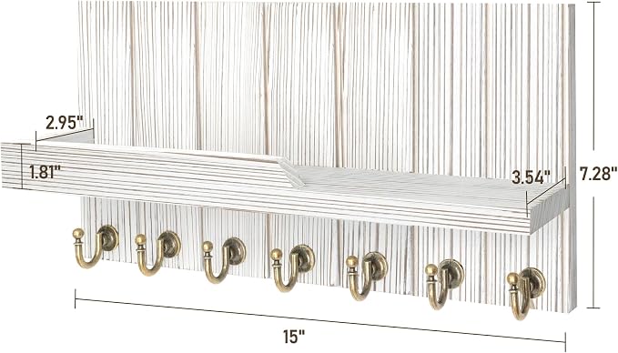 Rebee Vision Farmhouse Key and Mail Holder for Wall - Decorative Mail Organizer Wall Mount with 7 Hooks and Mounting Hardware - Elegant Key Hanger for Entryway and Home Wall Decor (Whitewash,15-inch)