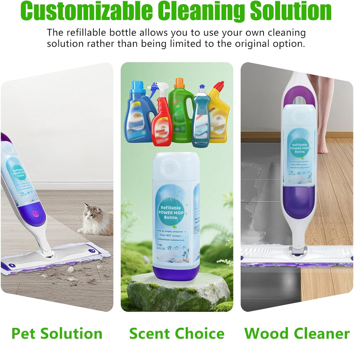 Power Mop Refillable Bottle - 26 FL OZ Leak-Proof HDPE Solution Container with 5 Silicone Gaskets & Funnel