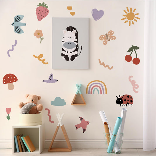 Insect Fruit Wall Decals,Watercolor Doodle Wall Stickers Decor,Peel and Stick Butterfly Mushrooms, Strawberries, Cherries Decals for Kids Bedroom Nursery Playroom Living Room and Bedroom Decoration