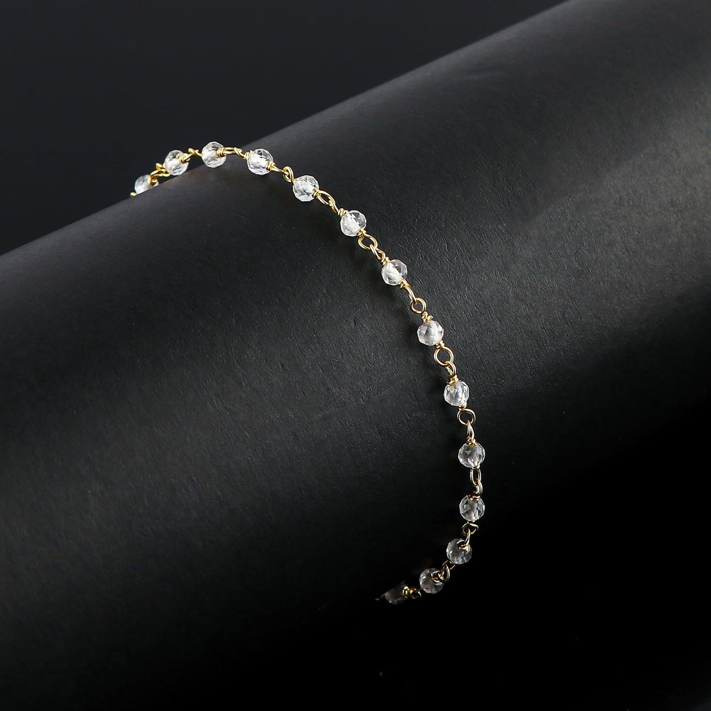 CRYSTALINES Natural White Topaz Gemstone Rosary Bracelet, 14K Gold Plated, Handmade Women Jewelry, Healing Crystals & Beads, Adjustable Chain 8inch, Gift for Her
