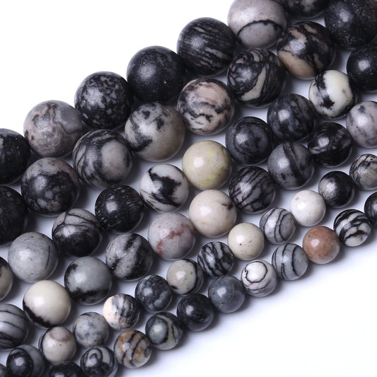 36PCS 10MM Natural Black net Work Beads Round Loose Stone Beads for Jewelry Making DIY Energy Stone Healing Power Bracelet 15"