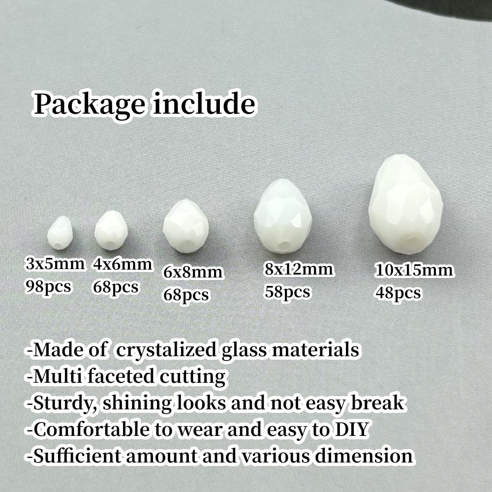 Xinhongo 340pcs Teardrop Crystal Glass Beads 3x5mm 4x6mm 6x8mm 8x12mm 10x15mm Vertical Hole Faceted Glass Spacer Beads for Necklace Bracelet Earrings DIY Jewelry Crafts(White)
