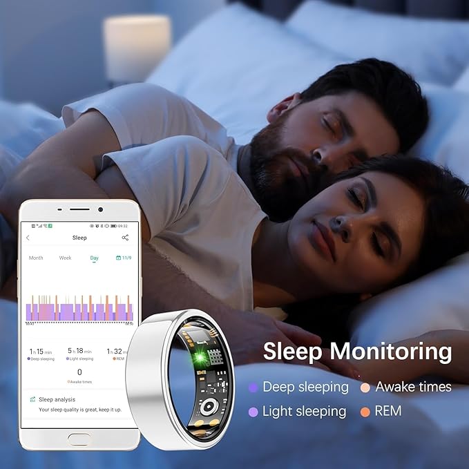 Health Tracker Ring, Smart Health Ring for Women Men with Heart Rate, Blood Oxygen, Sleep Monitor, Steps,Calories, No Subscription Fee, IP68 Waterproof Smart Ring for iPhone & Android (Silver, 9#)