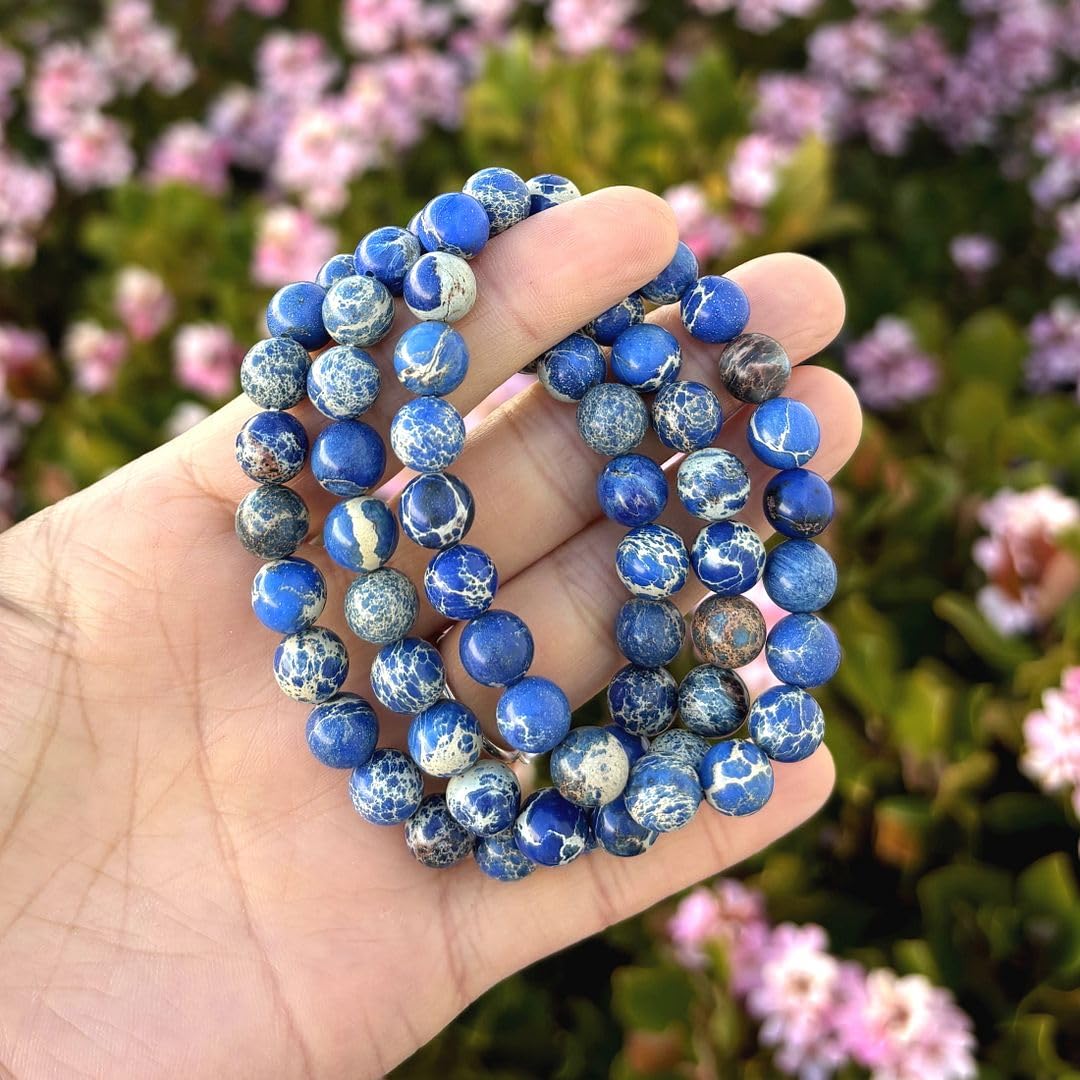 Adabele Real Natural Blue Impression Aqua Terra Sea Sediment Jasper Gemstone Beaded Bracelet 7 inch Stretch Chakra Healing Crystal Stone Jewelry Women Mom Gift GB8-3