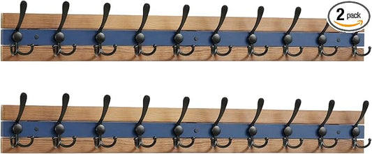 SKOLOO Rustic Coat Rack Wall Mount- 38-1/8" Long Coat Hooks for Wall with 10 Triple Hooks for Hanging Coats, Hats or Tools, Western National Parks Collection, Wood Brown & Blue, Pack of 2