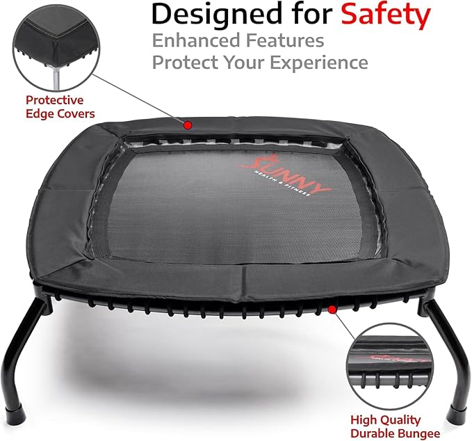 Sunny Health & Fitness Springless Mini Fitness Trampoline ??Premium Adjustable Bungee-Style Indoor/Outdoor Exercise Rebounder for Quieter and Safer Workouts