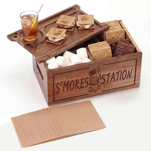Sieral S‘mores Station with Tray Handle-farmhouse Smores Kit Smores Caddy Accessories Organizer Smore Kit Lake House Decoration Graham Cracker Tray for Fire Pit Outdoor, 200 Parchment Paper(Acacia)