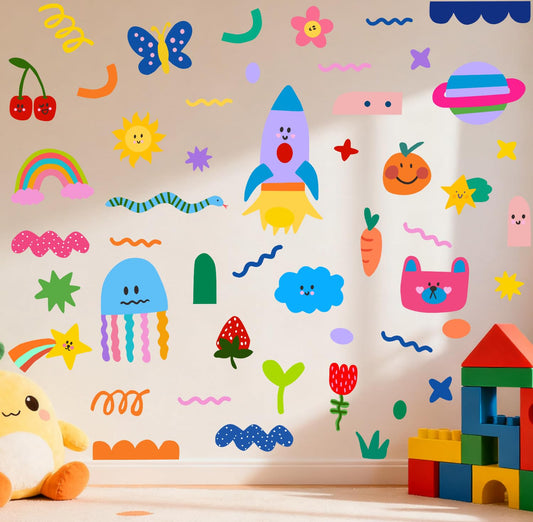 OLMIXA Colorful Abstract Shape Wall Decals, Rainbow Rocket Jellyfish Planet Fruit DIY Stickers, Vinyl Lovely Geometric Wall Art for Classroom Playroom Kids Bedroom Decor