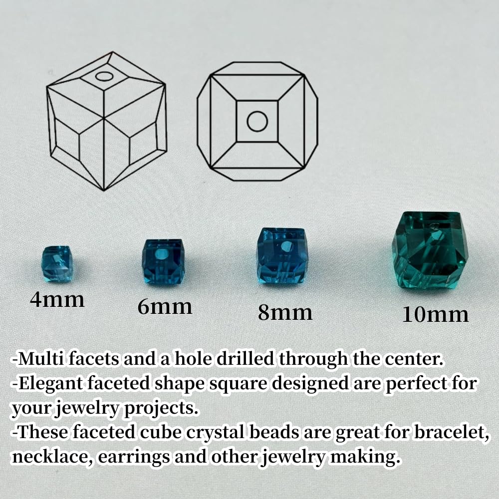 YUEXIGO 100pcs 8mm Cube Crystal Glass Beads for Jewelry Making Faceted Square Crystal Glass Bead Spacer Beads Loose Beads for Bracelet Earring Necklace DIY Craft(Peacock Blue)