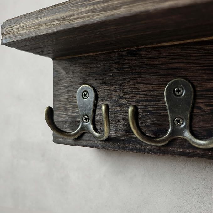 eBun Narrow Wood Mail Holder with 6 Key Hooks | Wall Mount, No-Drill Magnetic, Vertical Mail Slot, Entryway Decor