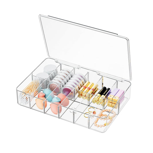 APLOP Clear Acrylic Makeup Organizer with Cover - 12 Compartments Cosmetic and Jewelry Organizer for Vanity and Desk Storage