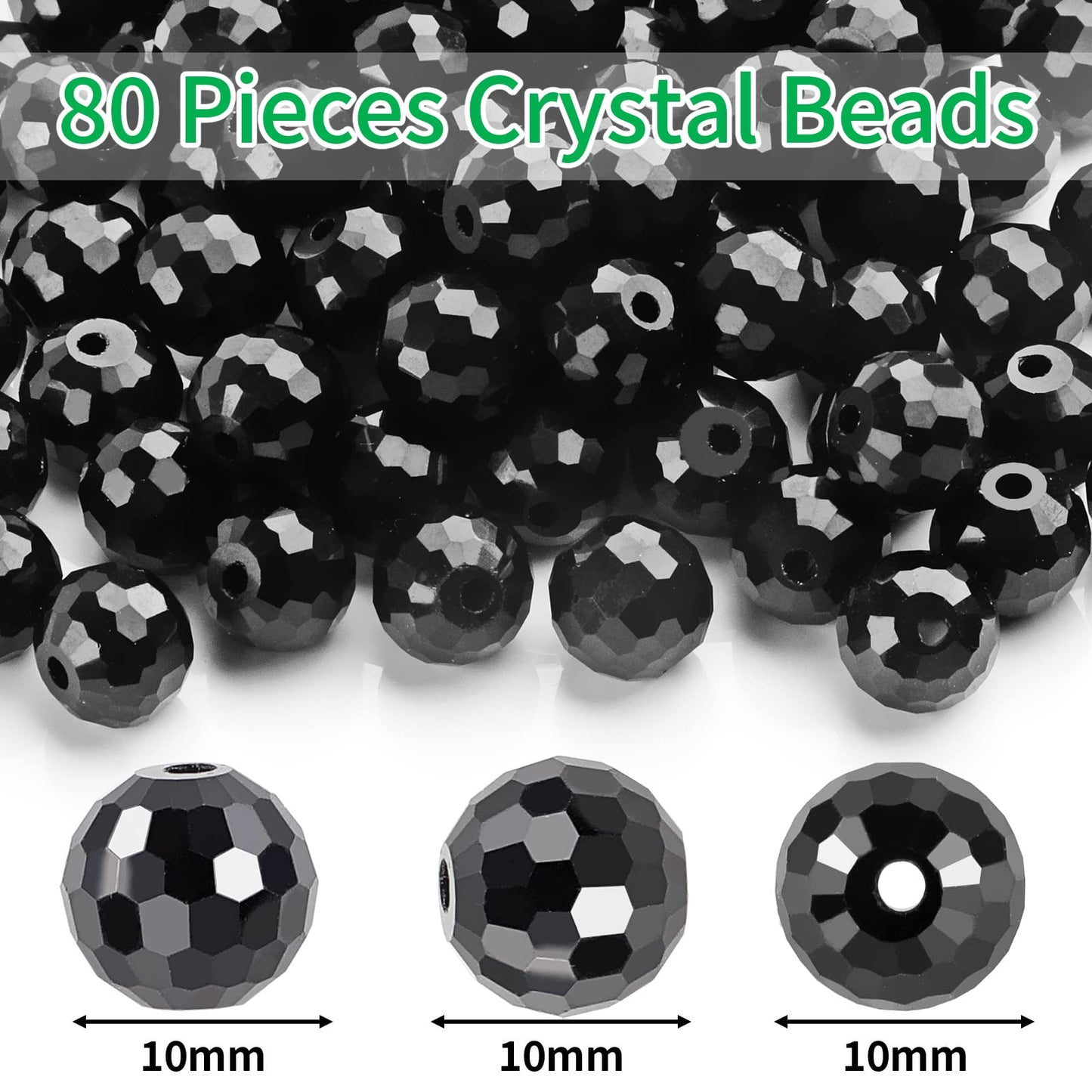 Crystal Glass Beads for Jewelry Making, 80 Pieces Crystal Beads, 10mm Glass Beads, Round Faceted Beads Bulk for Craft Necklace Bracelet Earring (Black Color)