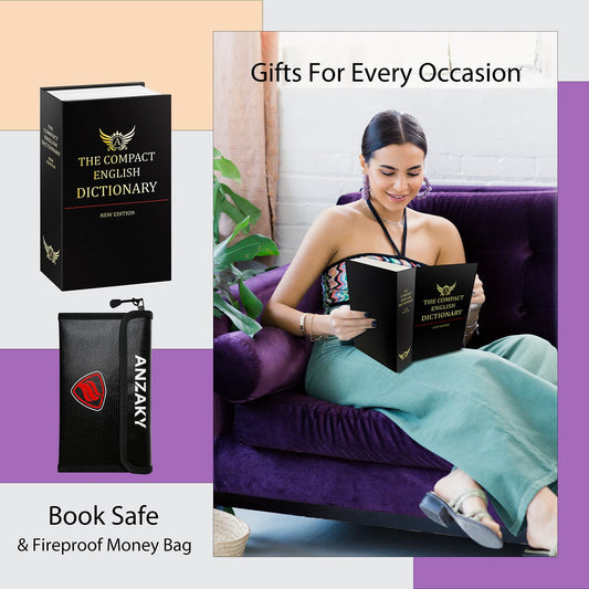 Dictionary Diversion Book Safe with Combination Lock and Fireproof Money Bag, ANZAKY Dictionary Storage Box for Cash Safe Hidden, Money Hiding Box, Secret Portable Metal Compartment Safe