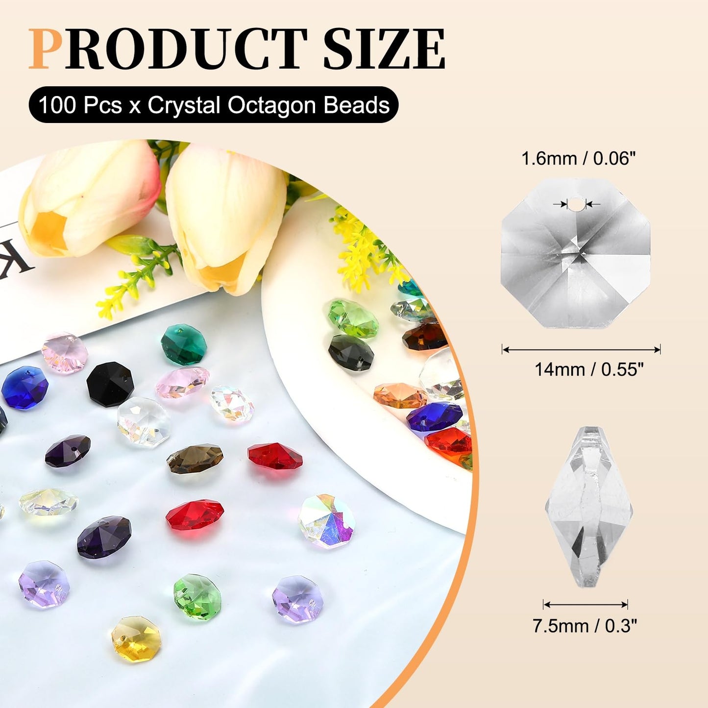 uxcell 100Pcs 1 Hole Crystal Octagon Beads, 14mm K9 Glass Hanging Chandelier Beads Prisms Parts for Crystal Chandeliers Lamp Hanging Pendant Jewelry DIY Craft, Clear White