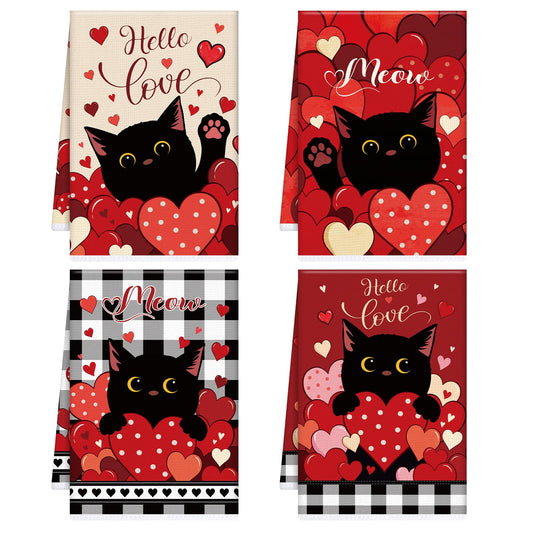 VISSTREE Valentines Day Kitchen Towels, 4 PCS Black Cat Red Heart Dish Towels, Absorbent Hello Love Dish Cloth Hand Towel for Kitchen Anniversary Wedding Valentines Decoration Housewarming Gifts