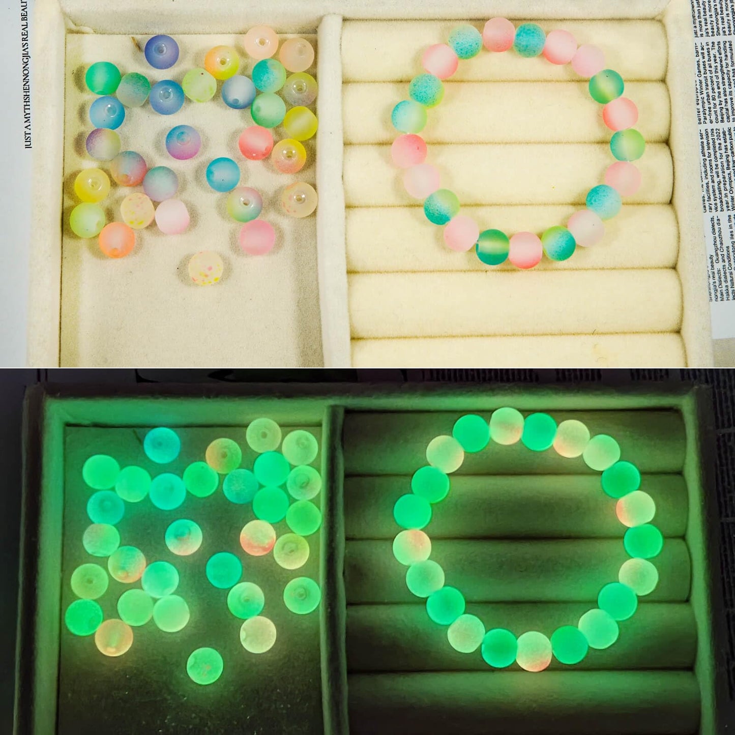 JHYlilia Glow in The Dark Glass Beads for Jewelry Making, 600Pcs 8MM 24 Grids Crystal Gemstone Beads Round Spacer DIY Craft Beads for Bracelet Necklace Earrings Phone Lanyard Wedding Decor