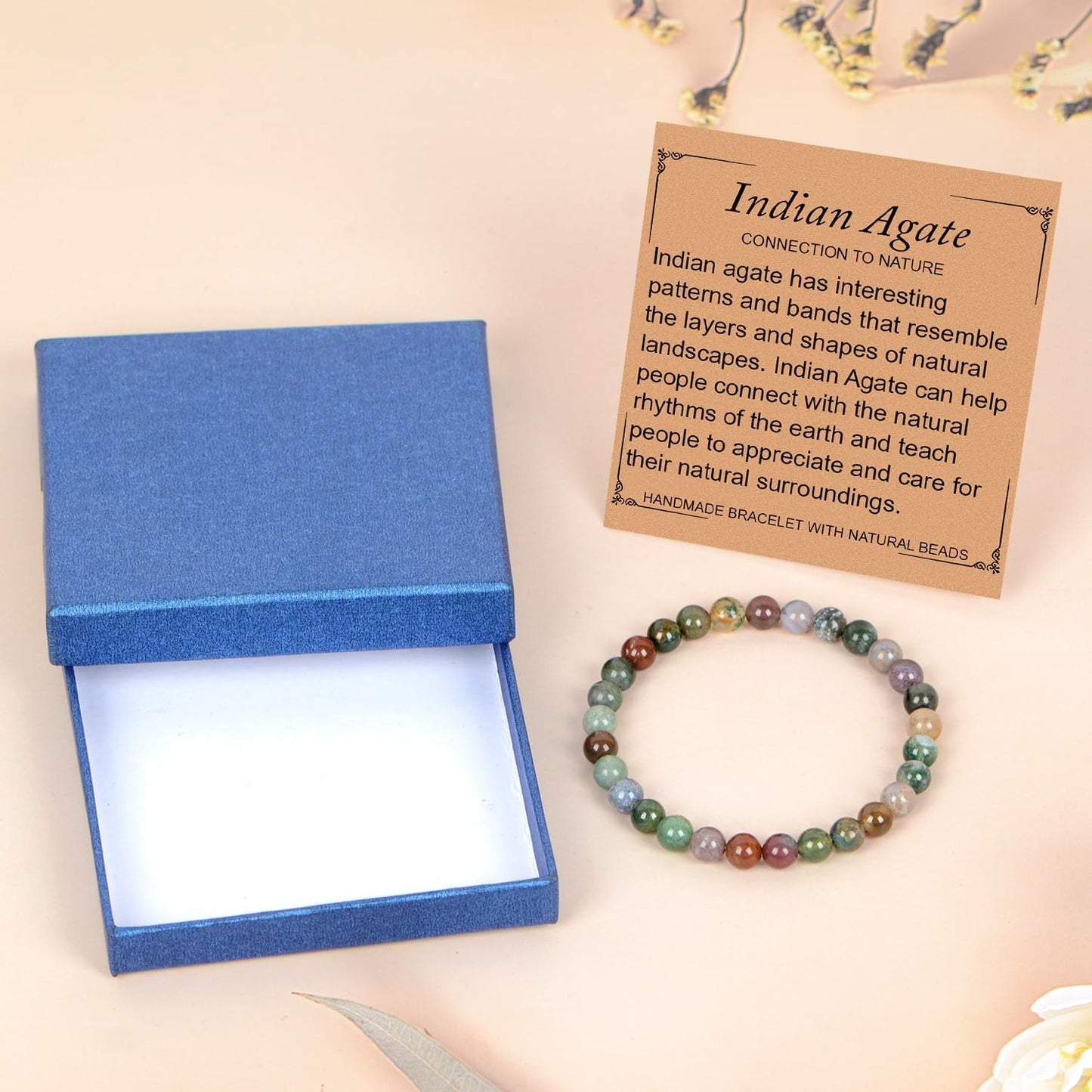 LPBeads Handmade Natural Gemstone Stretch Elastic 6mm Indian Agate Bracelet Healing Crystal Round Stone Beads Jewelry Gifts for Women Men