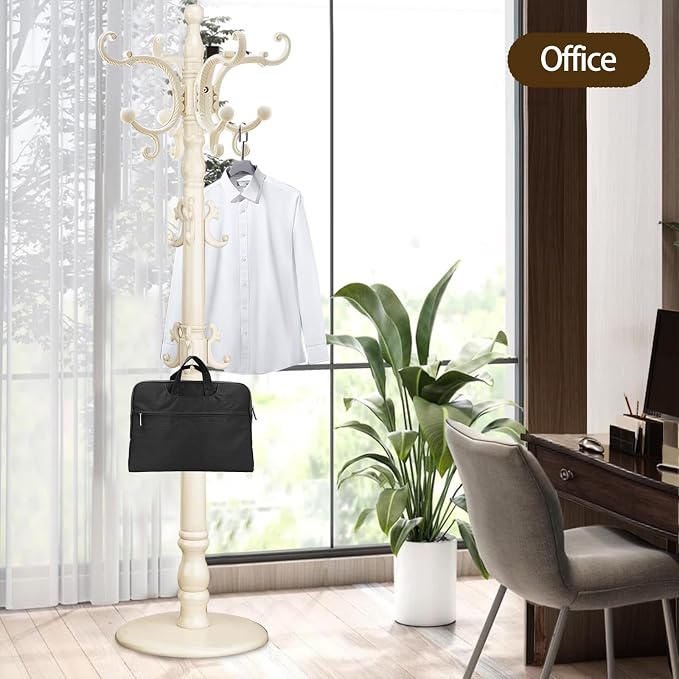 Coat Rack Freestanding, Wooden Coat Tree with Stable Round Base, Vintage Heavy Duty Coat Rack Stand with 14 Hooks, Coat Hanger Stand for Bedroom, Office, Entryway (Ivory)