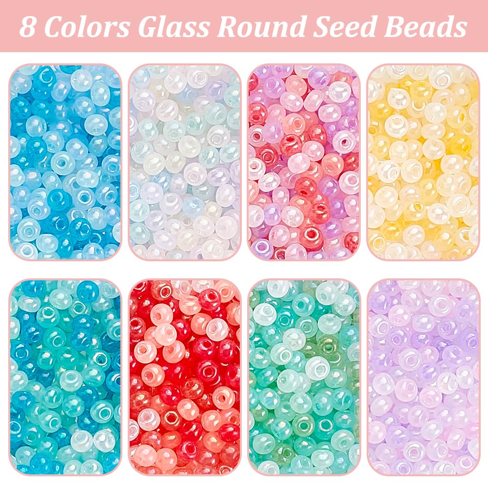 PH PandaHall 2104pcs 3mm Creamy Cloudy Seed Beads 8 Colors Bracelet Glass Beads Round Loose Spacer Beads Small Macaron Beads Glass Round Beads for Bracelet Necklace Jewelry Making DIY Crafts