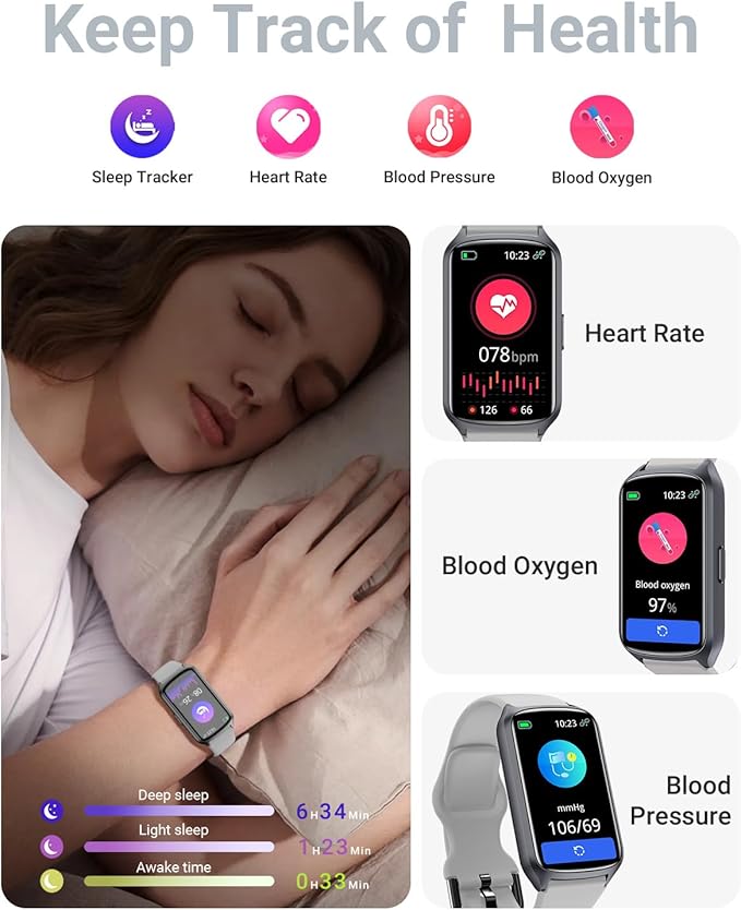 Health Fitness Tracker with 24/7 Heart Rate, Blood Oxygen, Blood Pressure, Sleep Tracker, 5ATM Waterproof Activity Trackers with Step Tracker, Pedometer (S & L Bands Included)
