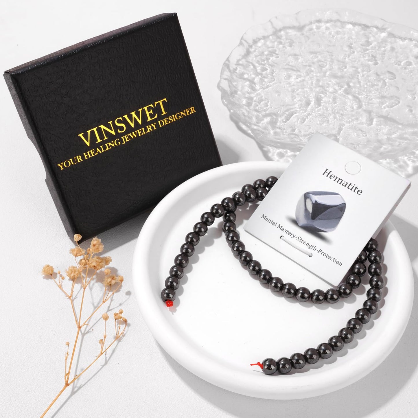Vinswet 60pcs 6mm Hematite Natural Stone Beads Round Genuine Real Stone Beading Loose Gemstones DIY Smooth Bead for Bracelet Necklace Earrings Jewelry Making