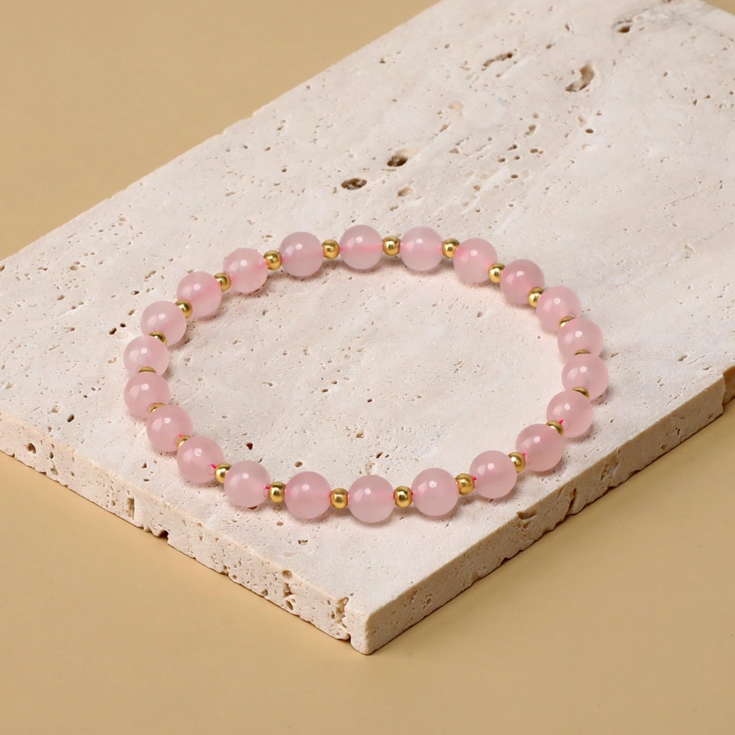 QOGIR Rose Quartz - Love Connection - 14K Gold Plated Beads Natural Gemstone Stretch Elastic Dainty Healing Beaded Bracelets Gifts 6mm
