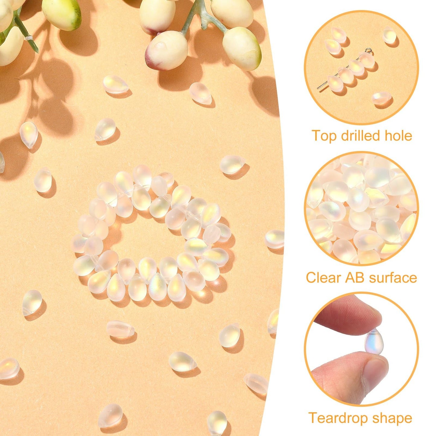 UR Urlifehall 100 Pcs Glass Teardrop Charms Frosted Transparent Spray Painted Glass Beads Clear AB Color Plated Beads for Jewelry Accessories