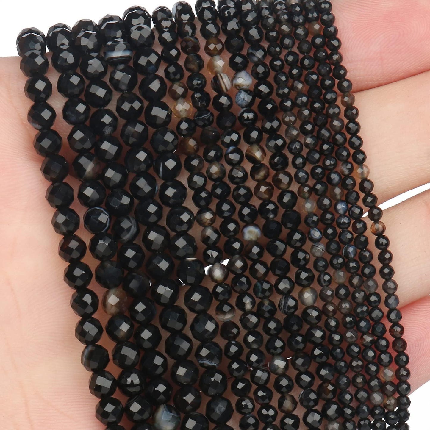Song Xi 90pcs 4mm Natural Black Striped Agate Gemstone Beads Faceted Round Loose Stone Beads for Jewelry Making (1 Strand)