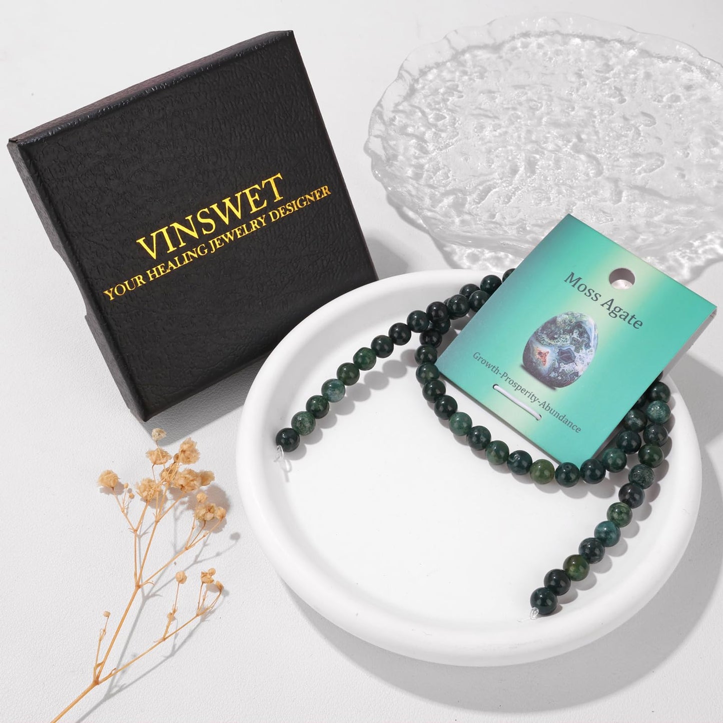 Vinswet 60pcs 6mm Moss Agate Natural Stone Beads Round Genuine Real Stone Beading Loose Gemstones DIY Smooth Bead for Bracelet Necklace Earrings Jewelry Making